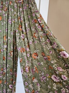 Anthropologie Floral Wide-Leg Pants in Olive Green